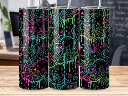 Black cats and spiders on a neon web pattern with dripping slime.