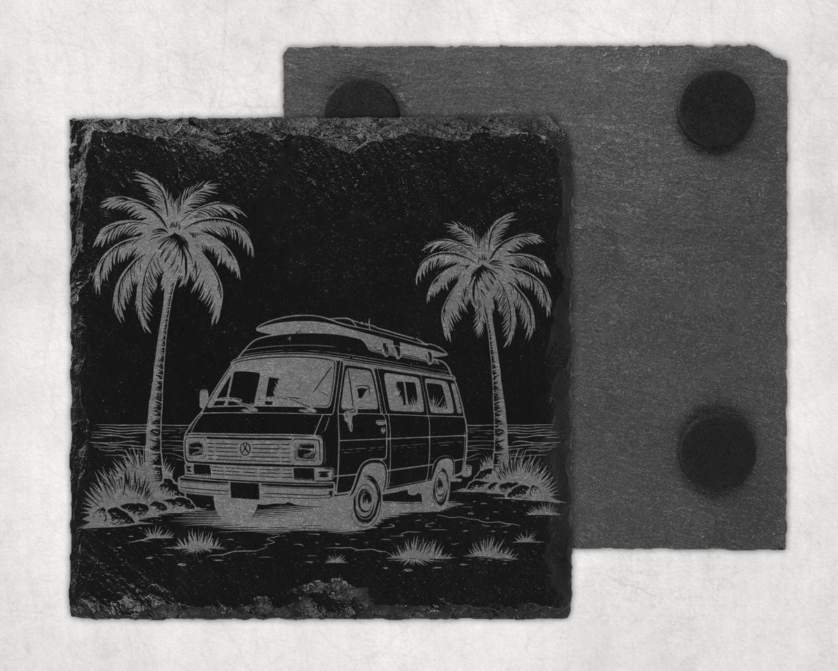 Slate coaster etched with a vintage van, palm trees, and surfboard on a beach scene.