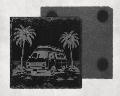 Slate coaster etched with a vintage van, palm trees, and surfboard on a beach scene.