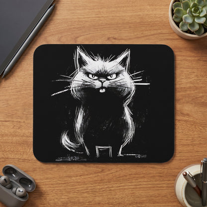 A black mousepad featuring a white sketched illustration of a grumpy cat on a wooden desk.