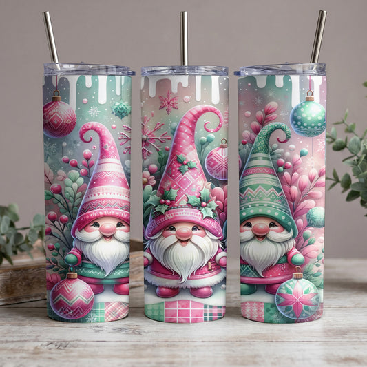 Three tumblers featuring whimsical gnomes with pink and green hats and festive winter ornaments.