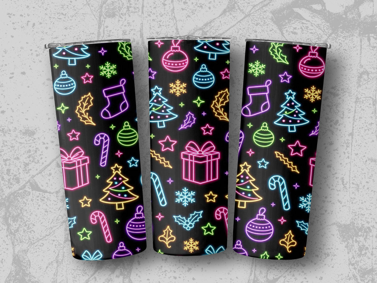 Three tumblers with a neon Christmas pattern of trees, stockings, gifts, and candy canes.