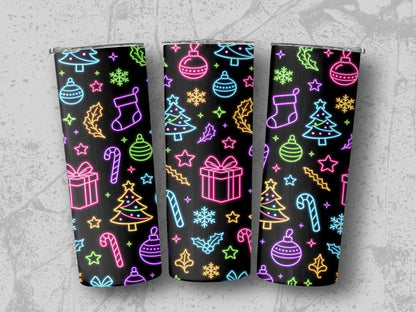 Three tumblers with a neon Christmas pattern of trees, stockings, gifts, and candy canes.