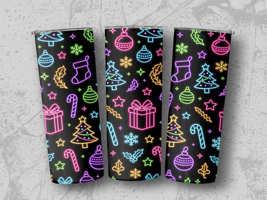 Three tumblers with a neon Christmas pattern of trees, stockings, gifts, and candy canes.