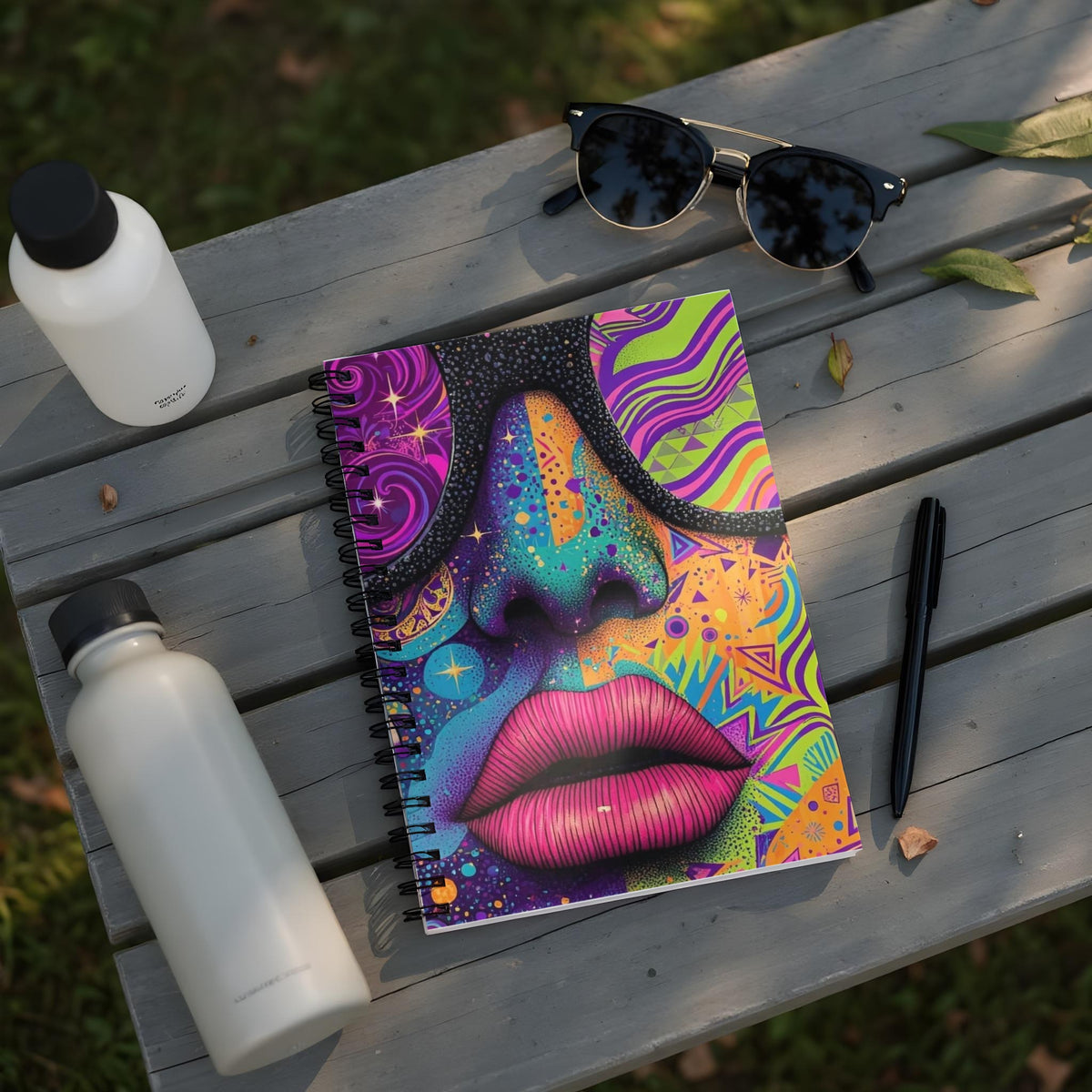 Spiral notebook with vibrant abstract face design, next to water bottles and sunglasses.