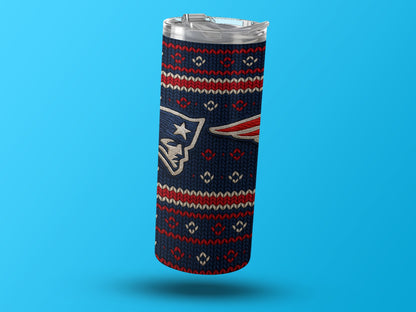 New England Patriots tumbler with a navy, red, and white knit pattern and logo.