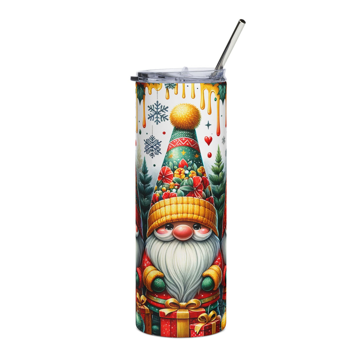 Christmas gnome tumbler with a straw, surrounded by presents and snowflakes.