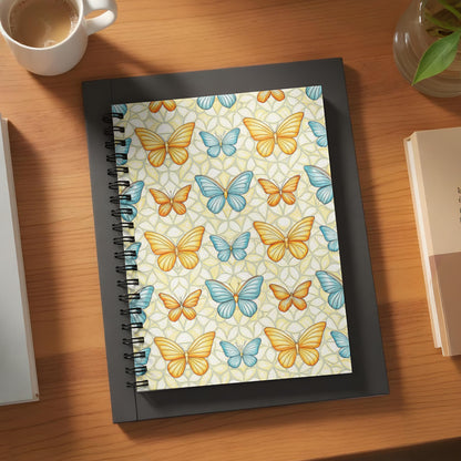 Spiral notebook with a yellow and white butterfly pattern.