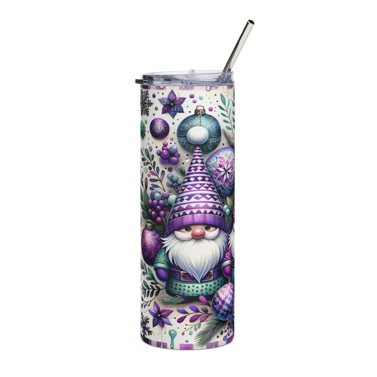 Tumbler with a festive gnome, ornaments, and floral pattern.