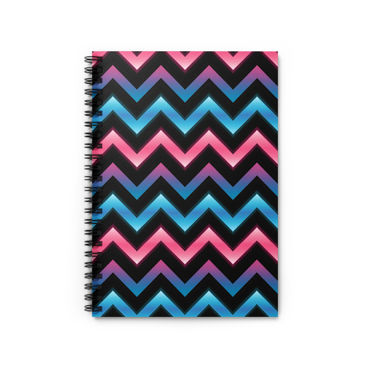 Spiral-bound notebook with a black background and pink-to-blue neon zigzag pattern.