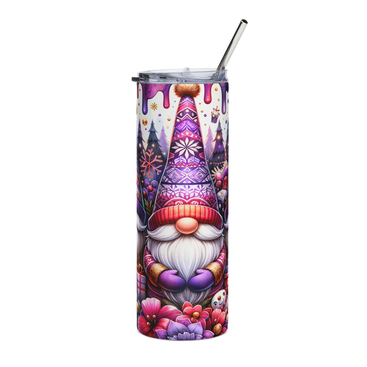 Tumbler with a gnome and winter forest design, featuring purple and pink color accents.