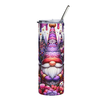 Tumbler with a gnome and winter forest design, featuring purple and pink color accents.