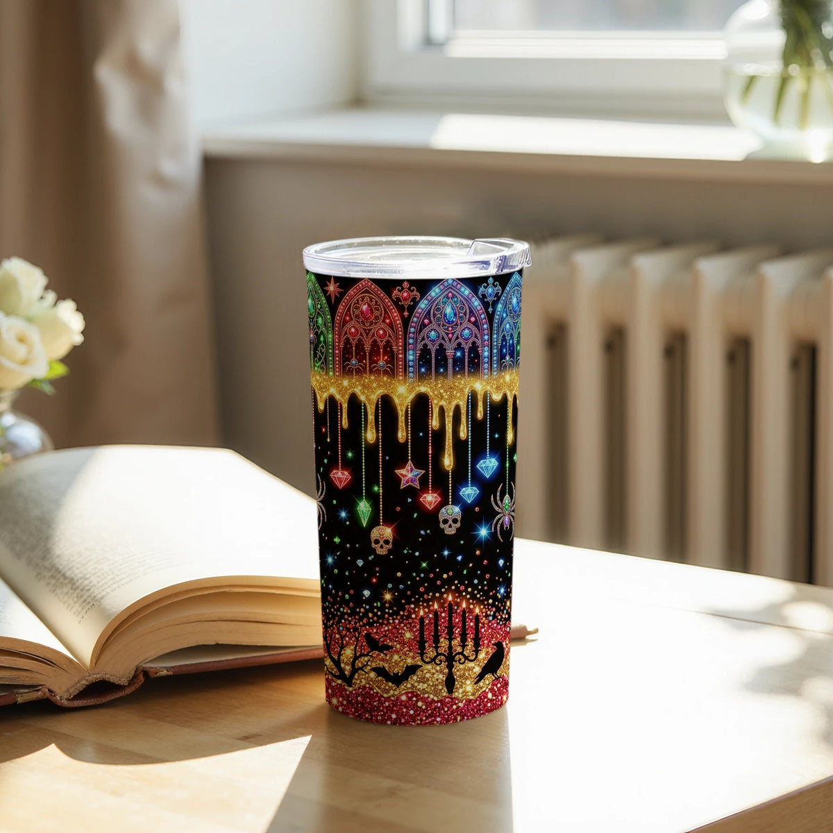 Black tumbler with stained-glass pattern, gold drips, skulls, spiders, bats, and candles.