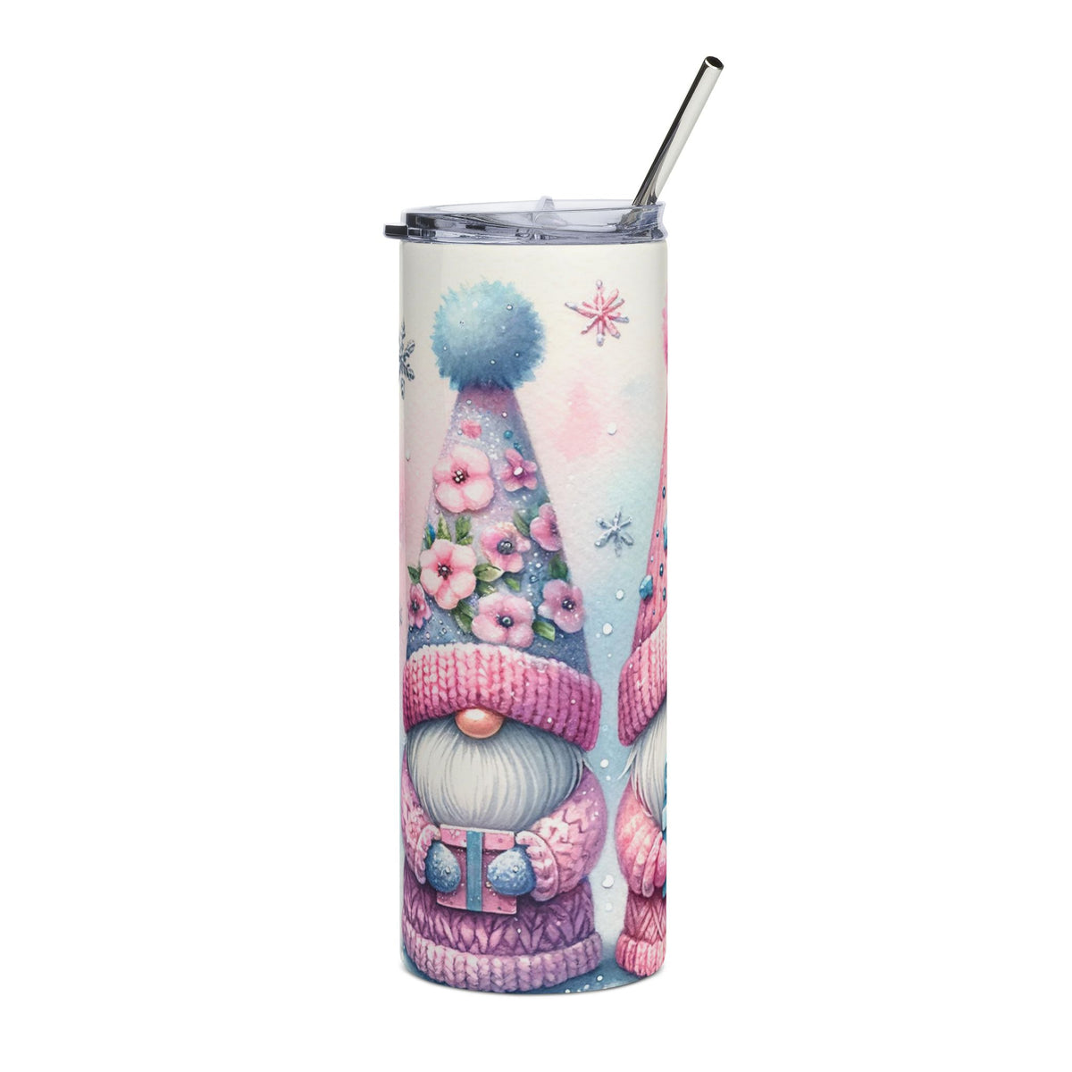 Tall tumbler with a watercolor gnome and floral hat design, silver straw.