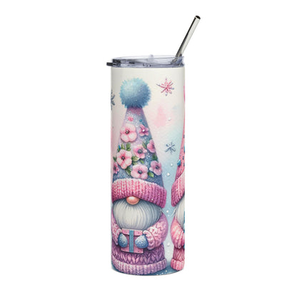 Tall tumbler with a watercolor gnome and floral hat design, silver straw.
