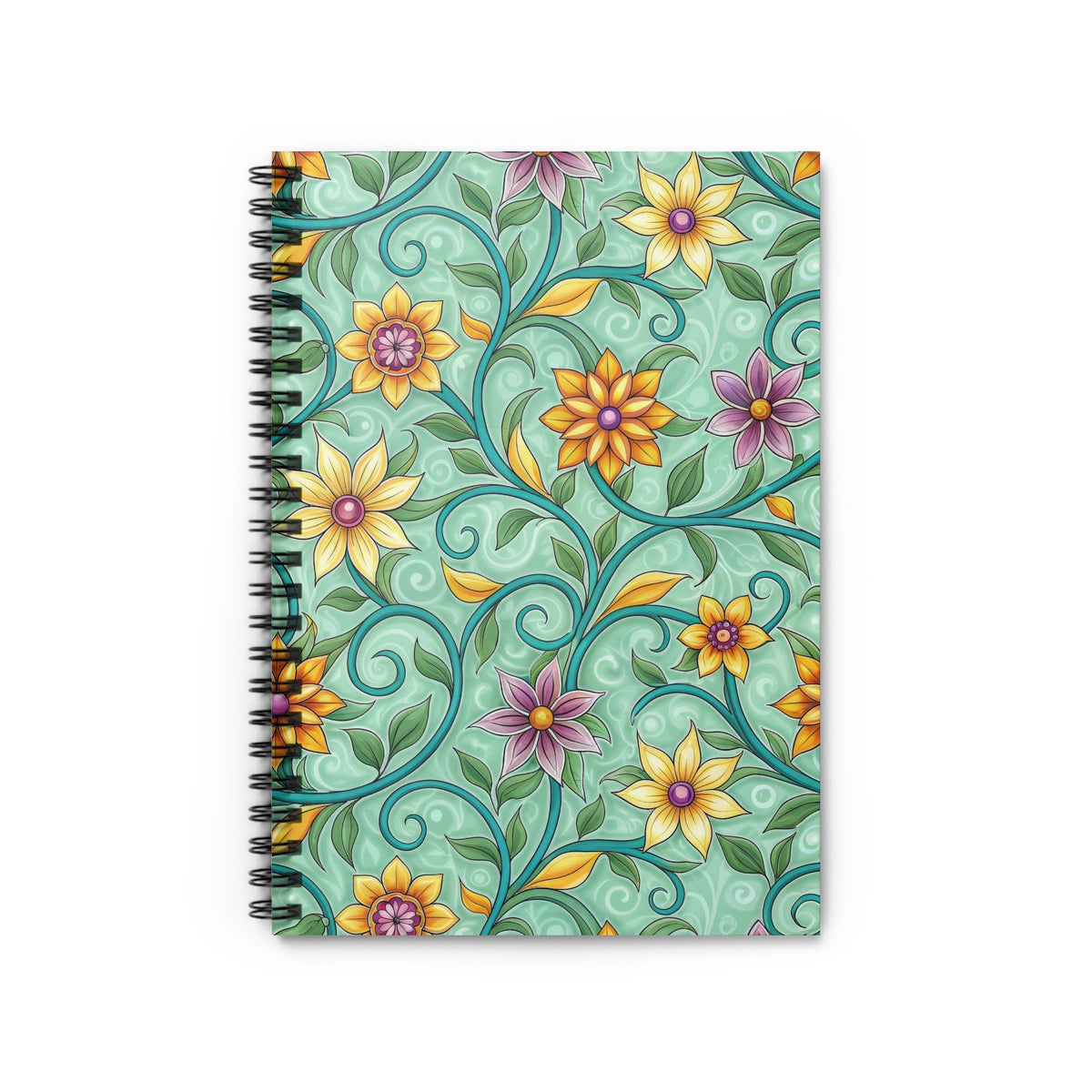 Spiral bound notebook with a mint green background and a floral vine pattern.