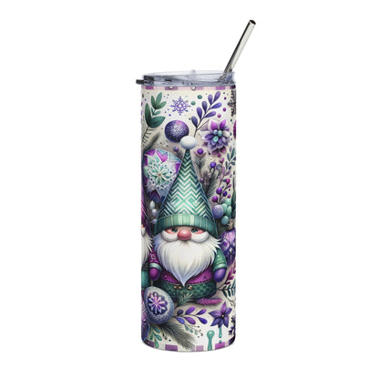 Tumbler with gnome and purple floral design, featuring a metal straw.