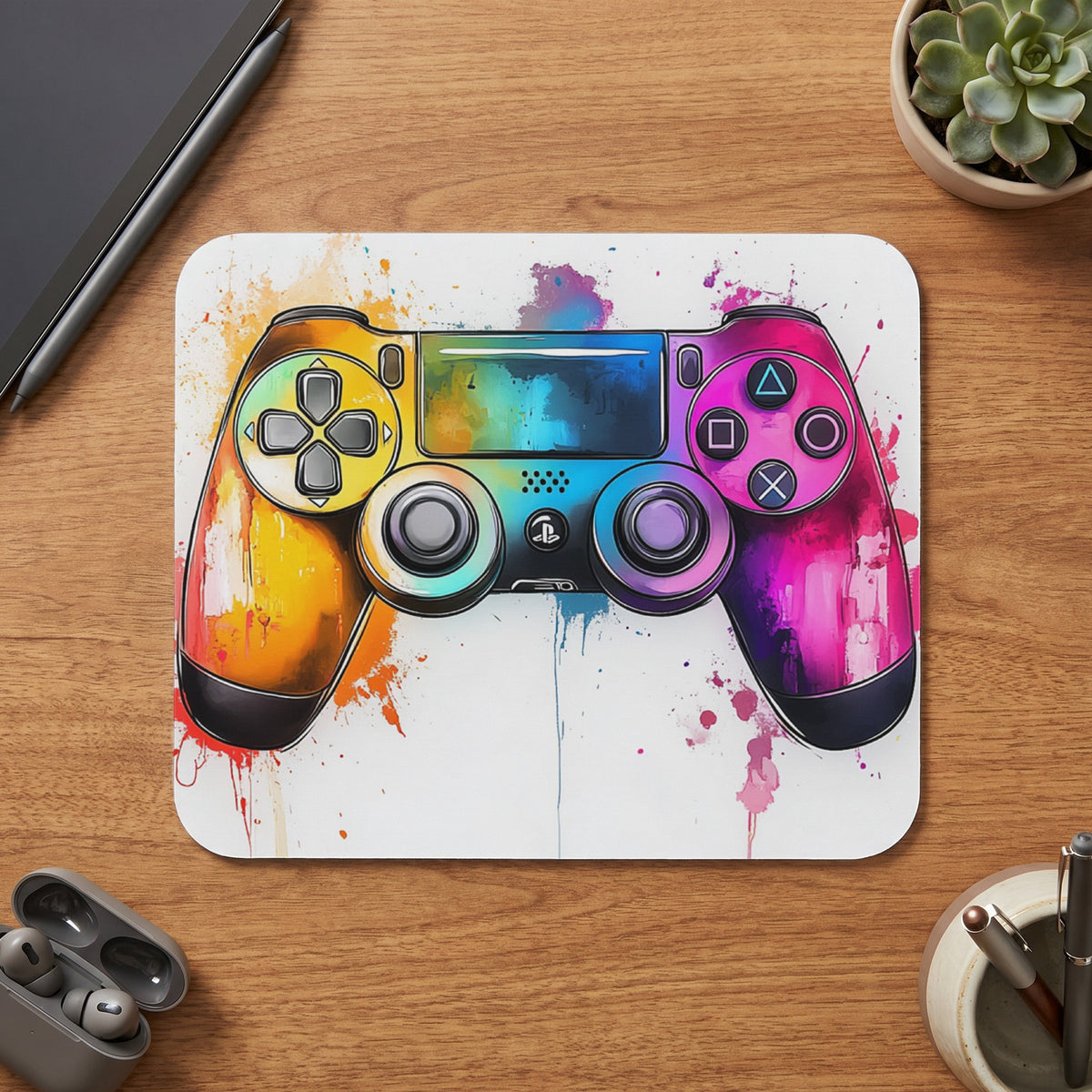 Controller mousepad with watercolor splash design in rainbow colors.