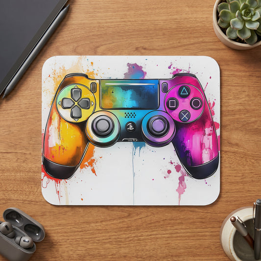 Controller mousepad with watercolor splash design in rainbow colors.