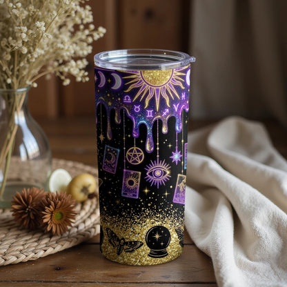 Black tumbler with celestial, tarot card, and astrological symbols, featuring a dripping sun design.