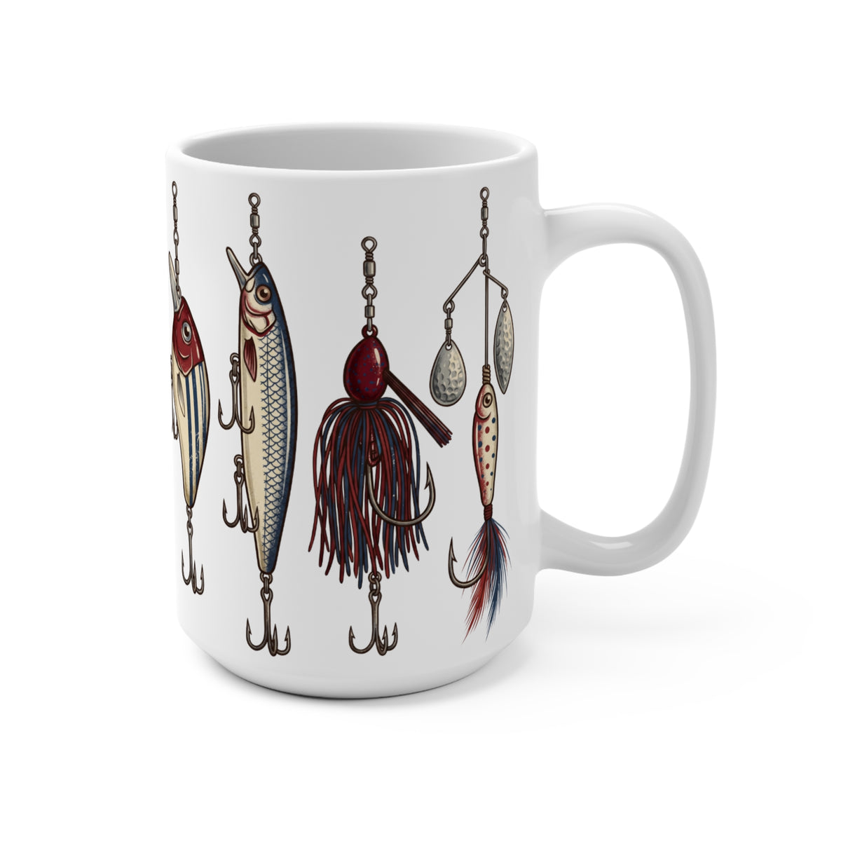 White mug featuring a collection of detailed fishing lures in red, white, and blue.