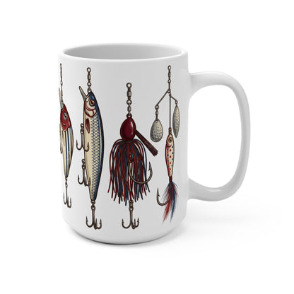White mug featuring a collection of detailed fishing lures in red, white, and blue.