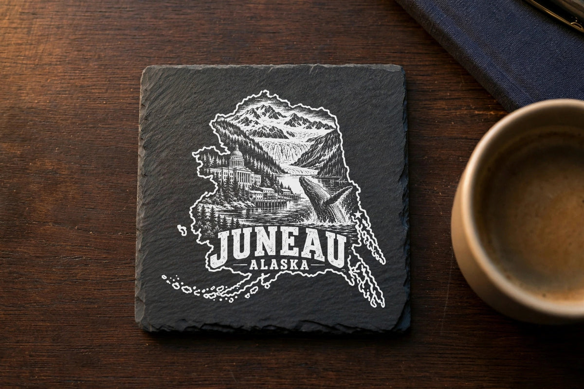 Square slate coaster featuring an engraved white graphic of Juneau, Alaska, with mountains and a breaching whale.
