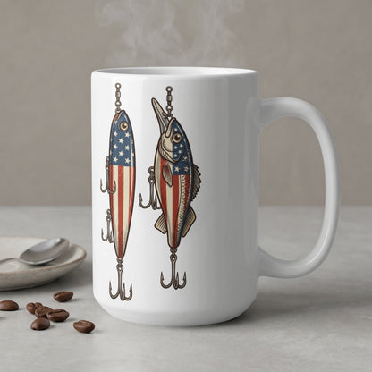 White mug with two fishing lures designed with American flag patterns and hooks.