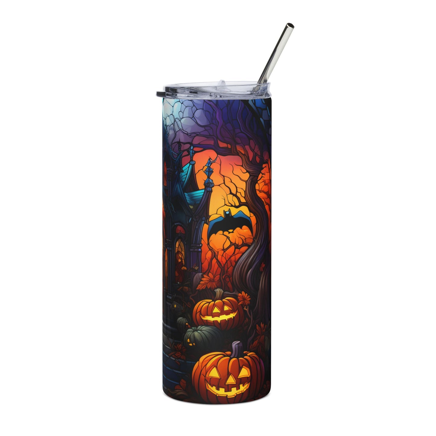 Tumbler with Halloween haunted house, jack-o'-lanterns, and bat design.