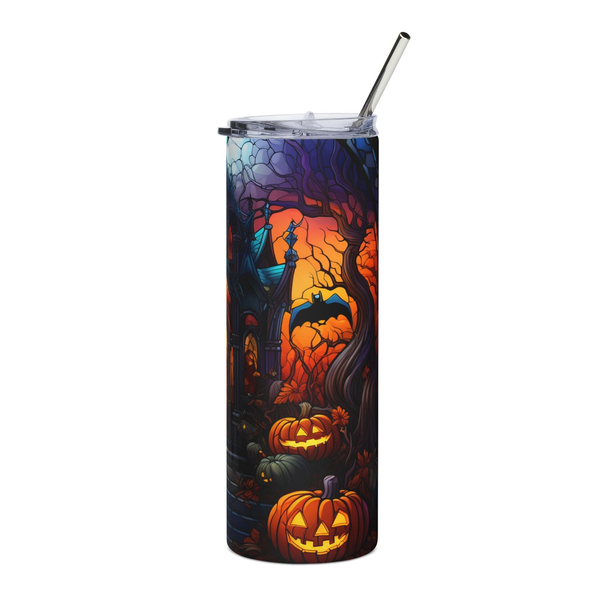 Tumbler with Halloween haunted house, jack-o'-lanterns, and bat design.