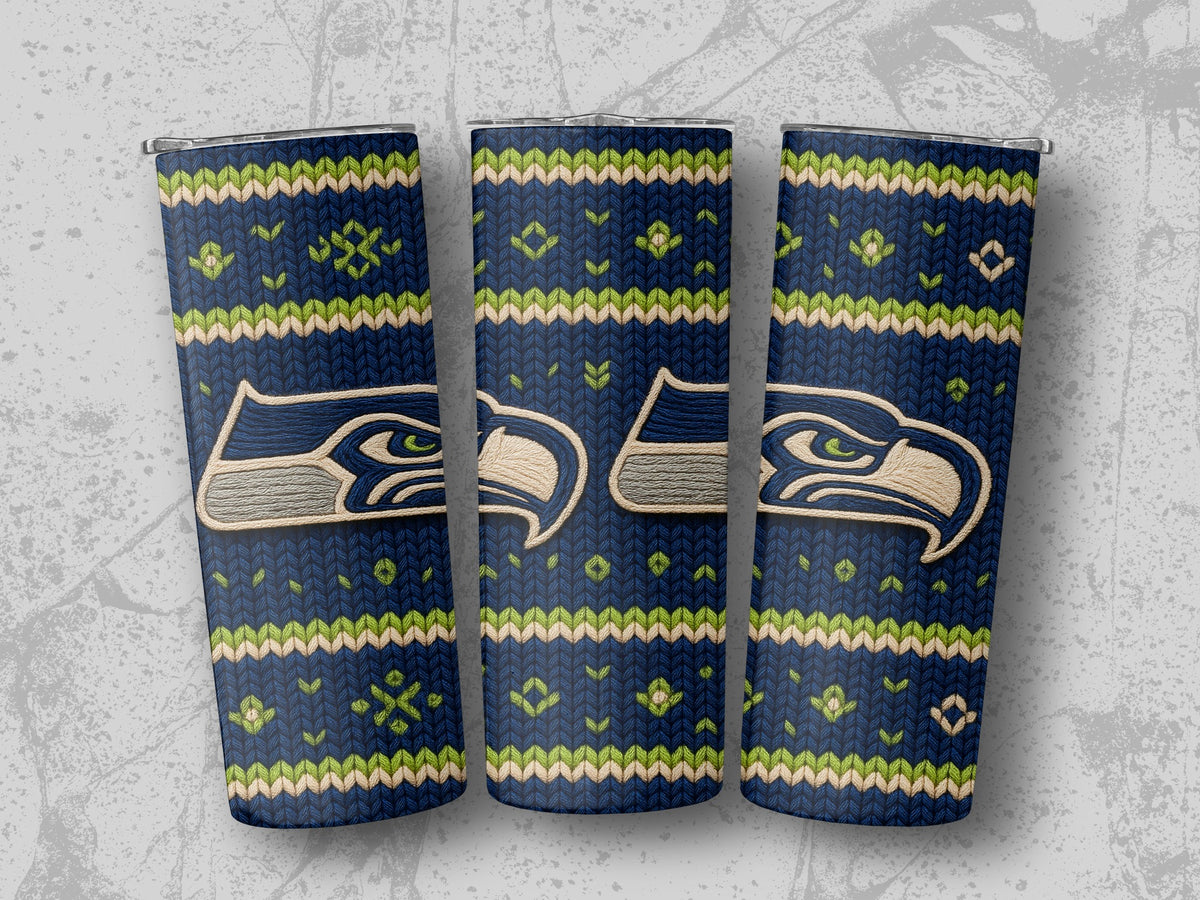 Seattle Seahawks logo on navy blue knitted patterned tumblers.