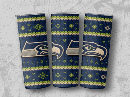 Seattle Seahawks logo on navy blue knitted patterned tumblers.