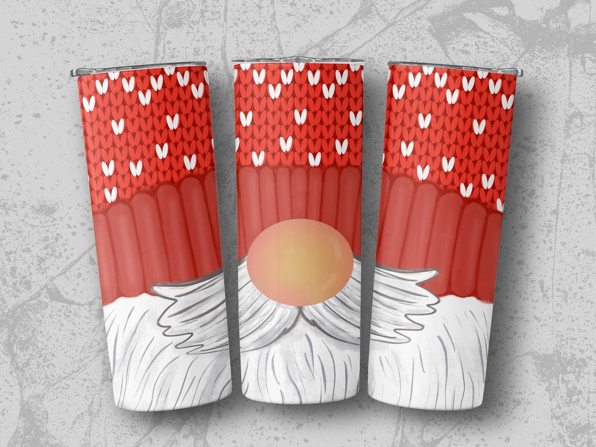 Three tumblers with red hats, white hearts, and white beards.