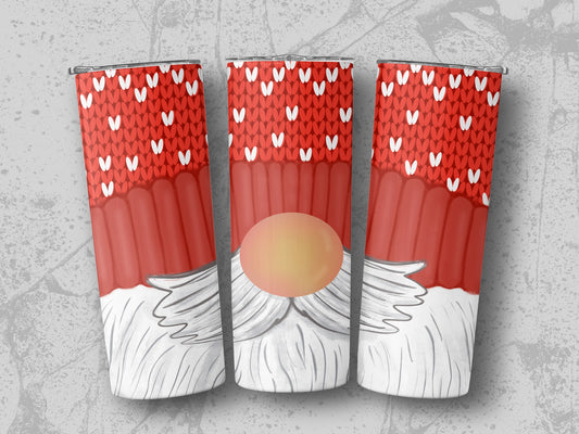Three tumblers with red hats, white hearts, and white beards.