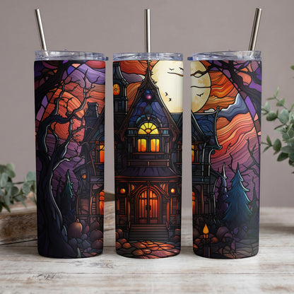 Three tumblers with a stained-glass Halloween haunted house and moon design.