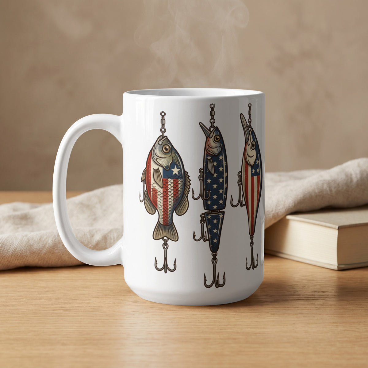 White mug with three American flag fishing lures graphic, steam rising.