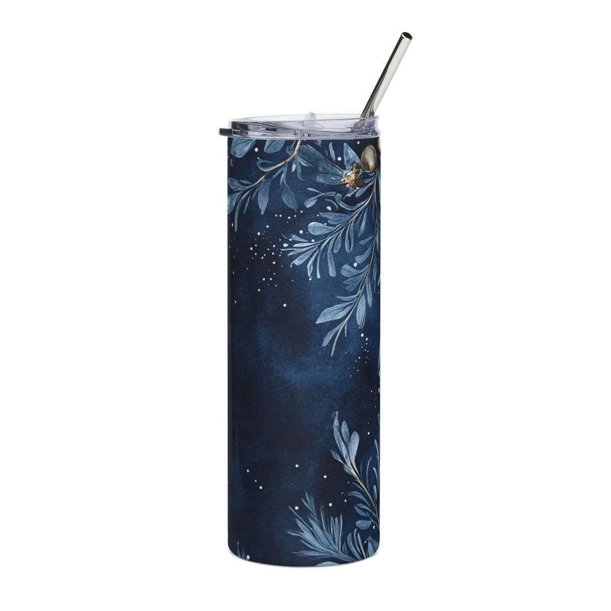 Dark blue tumbler with a delicate leafy branch pattern and a metal straw.