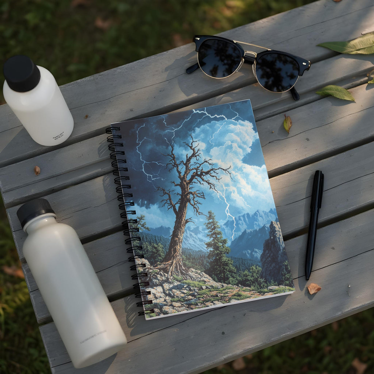 Notebook with stormy mountain landscape on cover, placed on wooden table with water bottles.