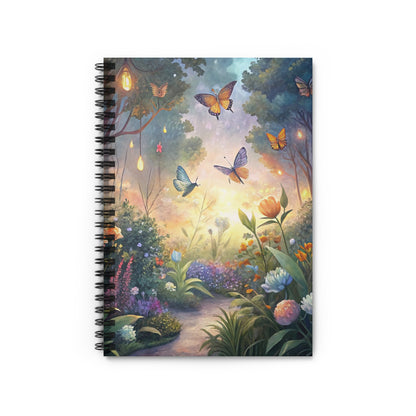 Notebook with a whimsical garden scene featuring butterflies and lanterns.