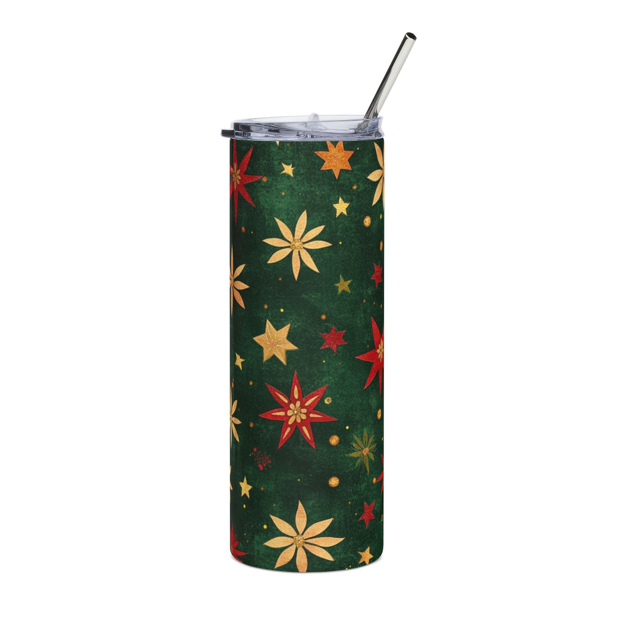 Green tumbler with festive red and gold stars and floral patterns.