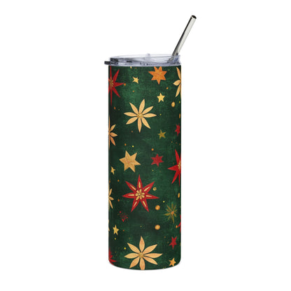 Green tumbler with festive red and gold stars and floral patterns.