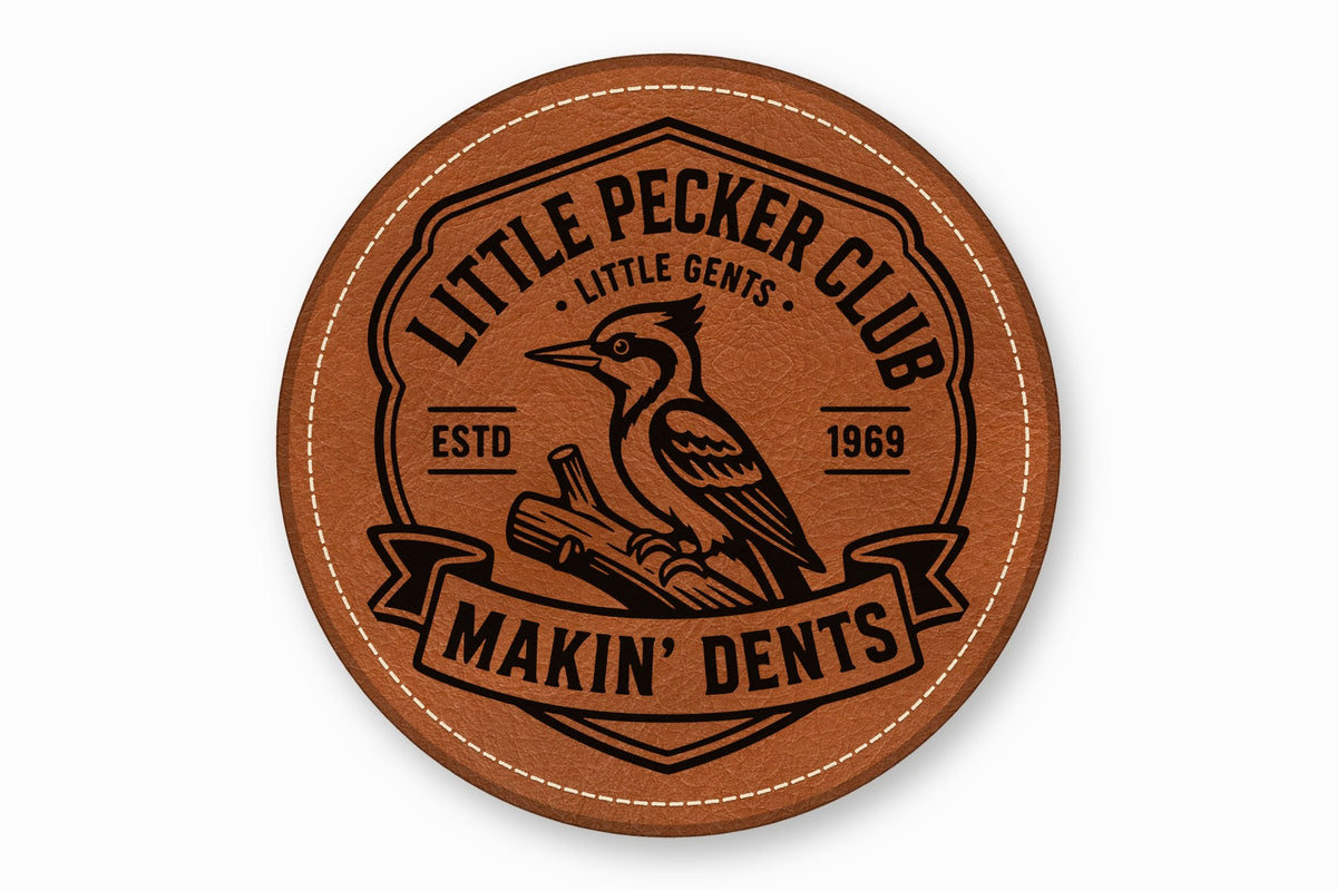 Round brown leather patch with white stitching and a black logo featuring a woodpecker and text.