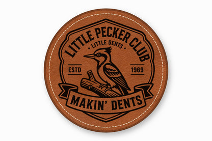Round brown leather patch with white stitching and a black logo featuring a woodpecker and text.