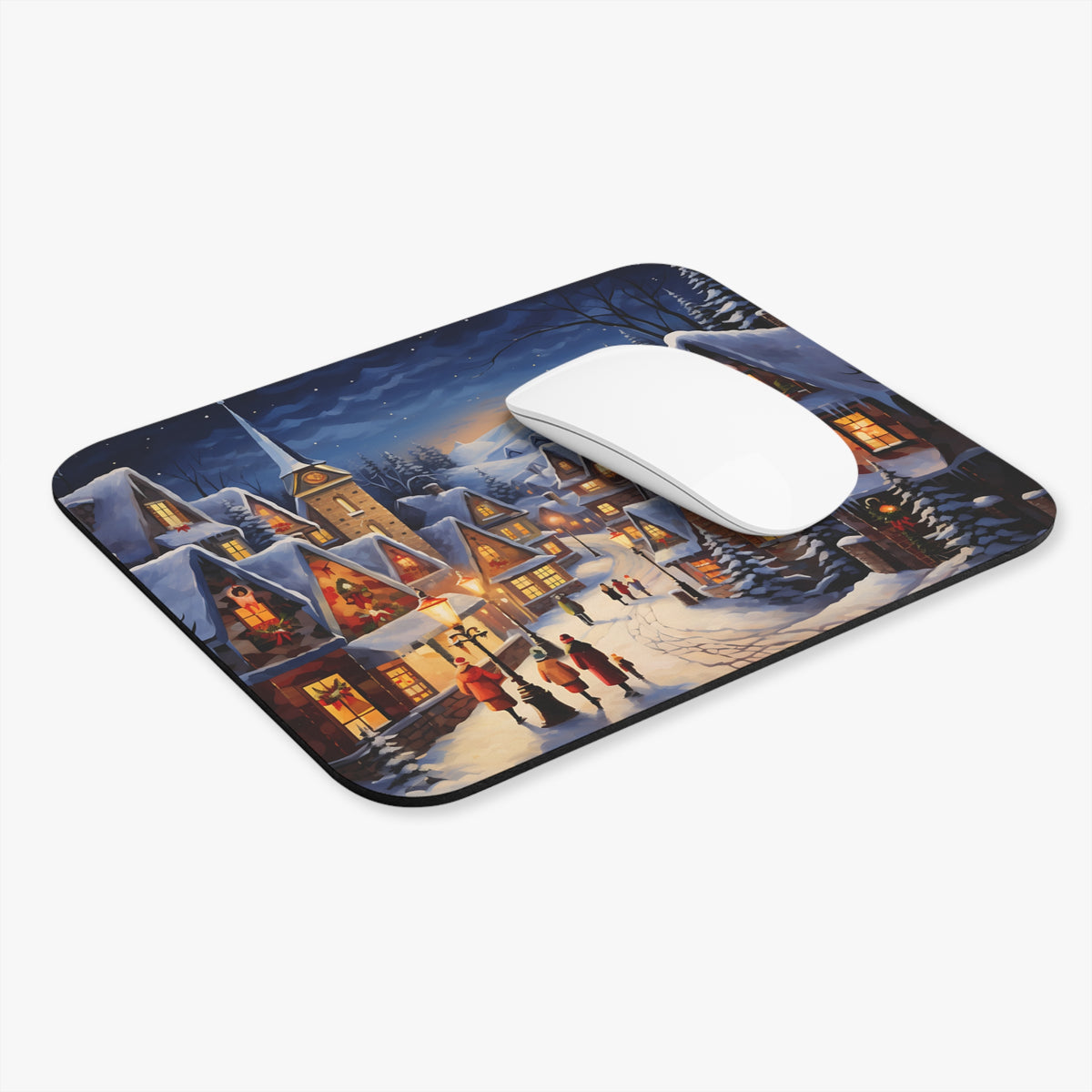 Mousepad with a painted winter village scene at night, featuring snow-covered roofs and lit windows.