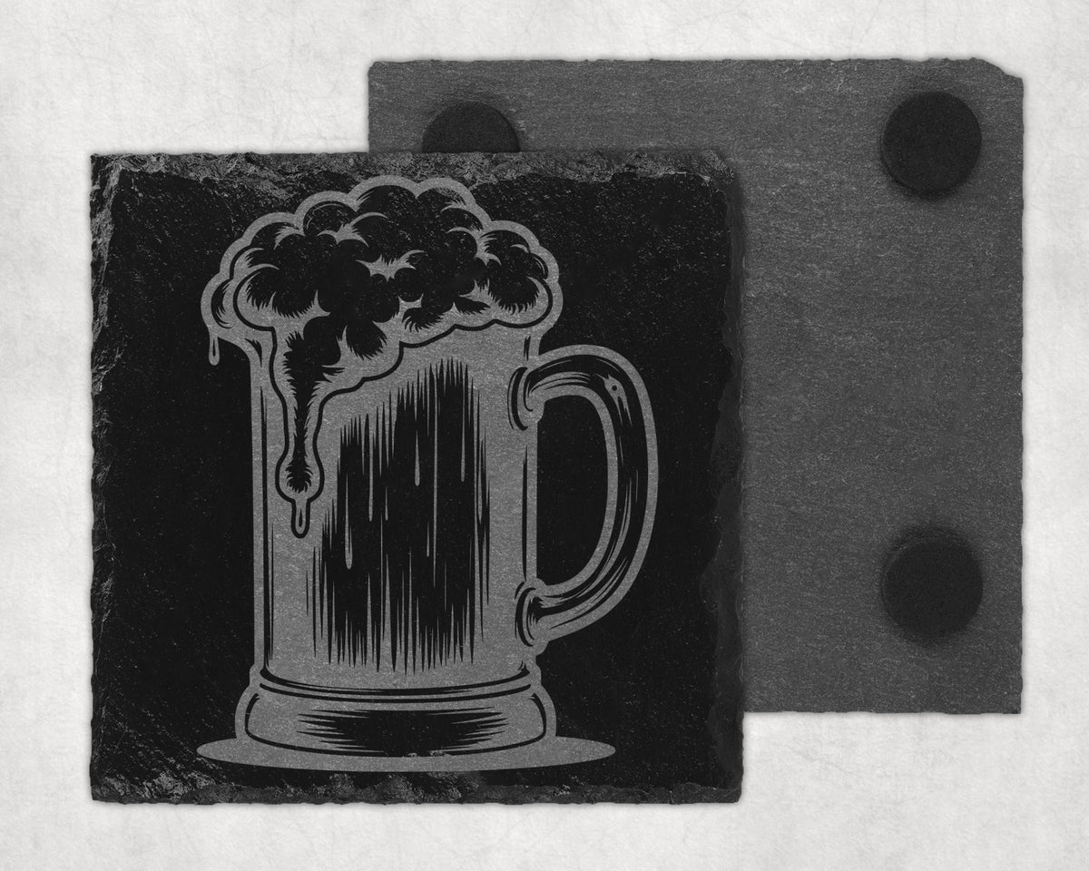 Slate coaster with engraved beer mug design and dark felt backing.