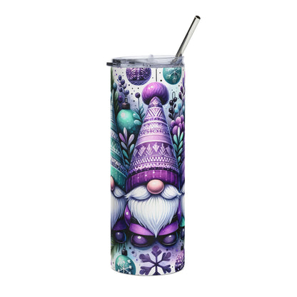 Tumbler with a gnome and Christmas ornament design, including a straw.