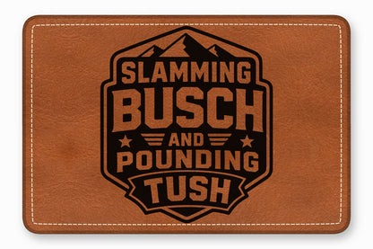 Brown leather patch with rounded corners, white border stitching, and a black laser-engraved mountain badge design.