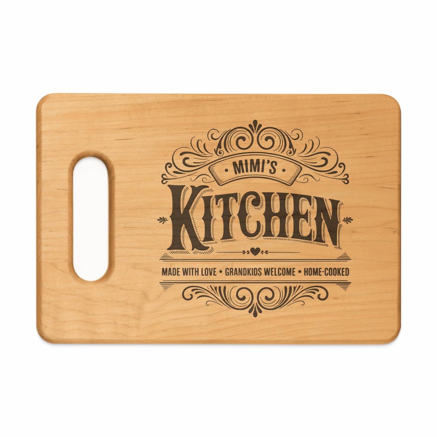 Wooden cutting board with "Mimi's Kitchen" and decorative text.