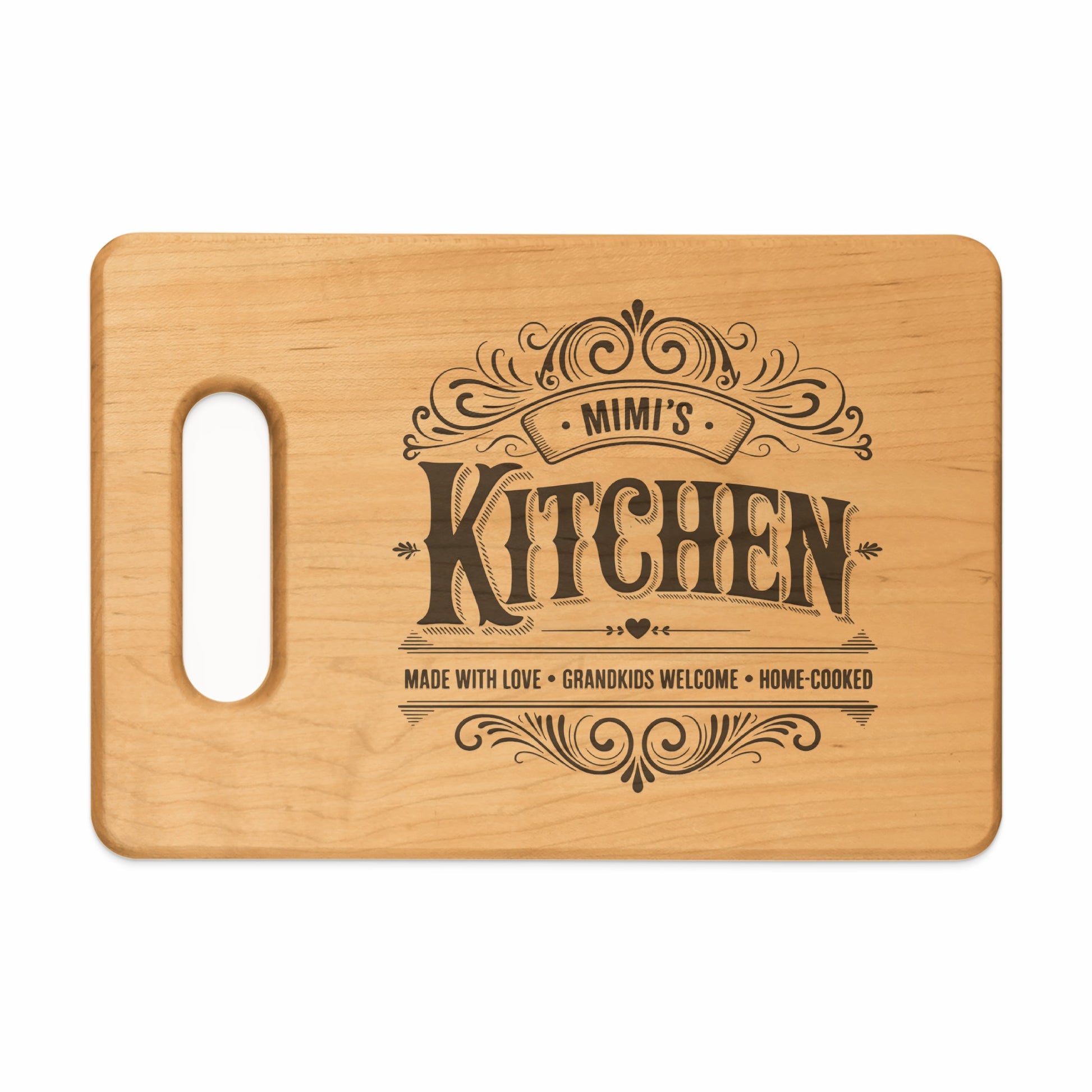 Wooden cutting board with "Mimi's Kitchen" and decorative text.