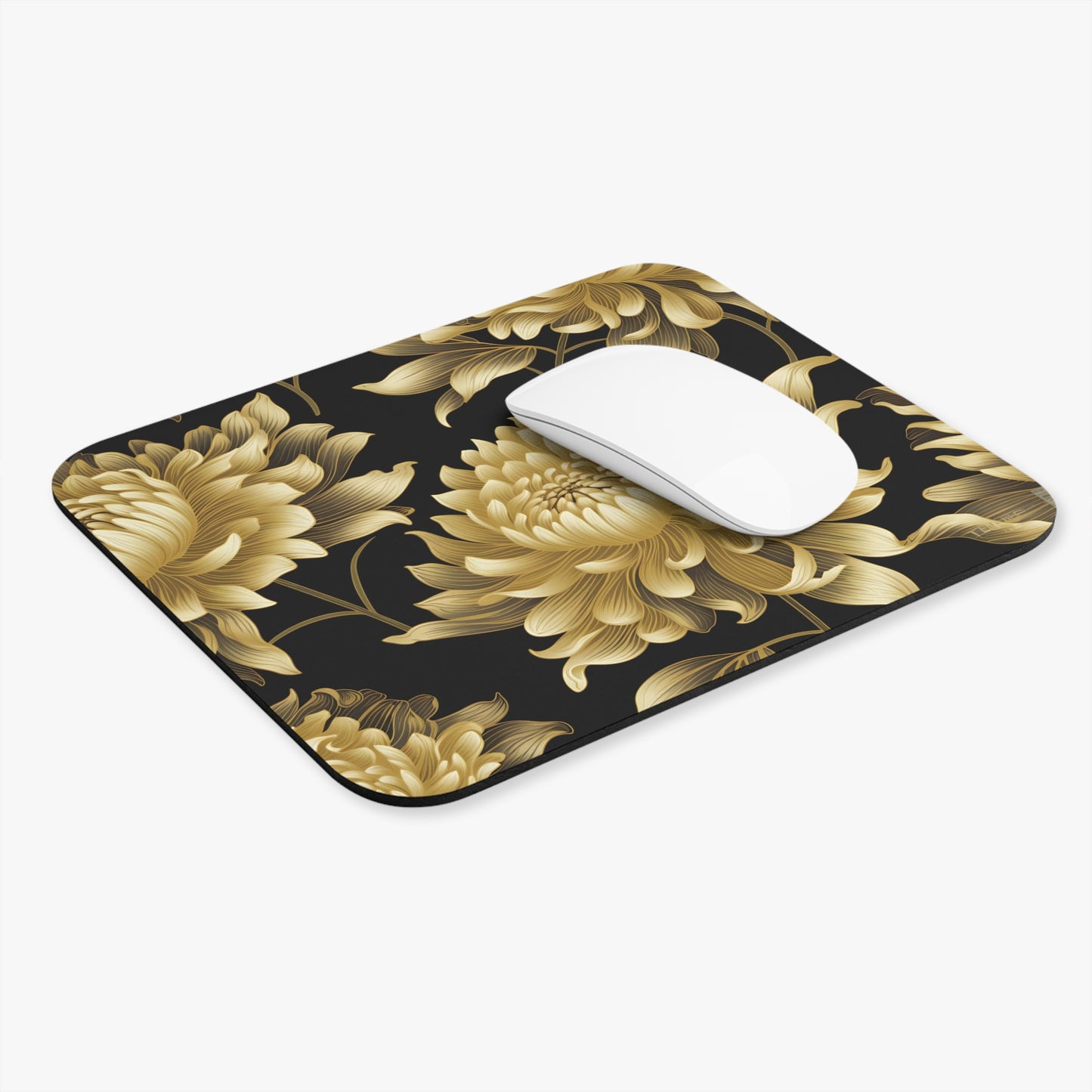 Mousepad with gold floral pattern on black, featuring a white computer mouse.
